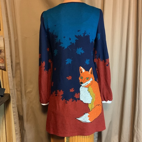 FOX SWEATER DRESS size medium Just Funky dark blue long sleeves Peter Pan collar - Picture 5 of 8